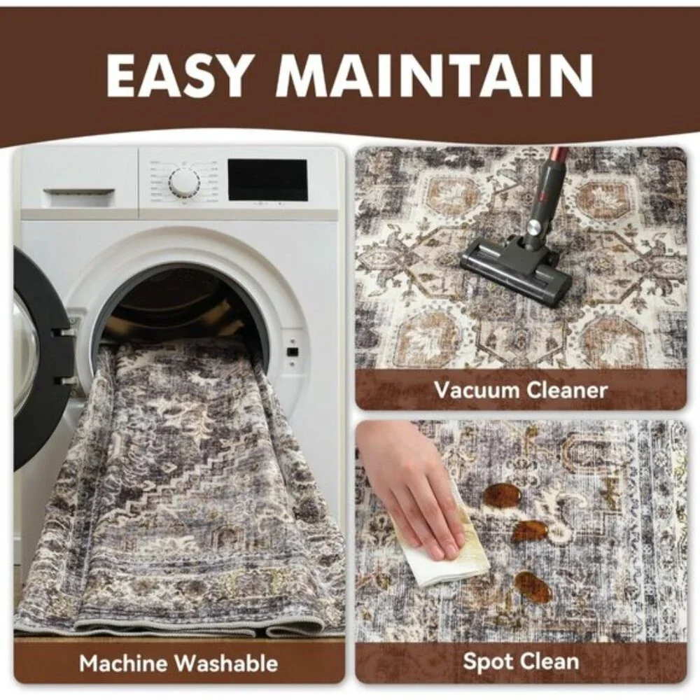 New 5x7 Brown Area Rug, Washable Vintage Floral Non-Slip Carpet for Room Decor